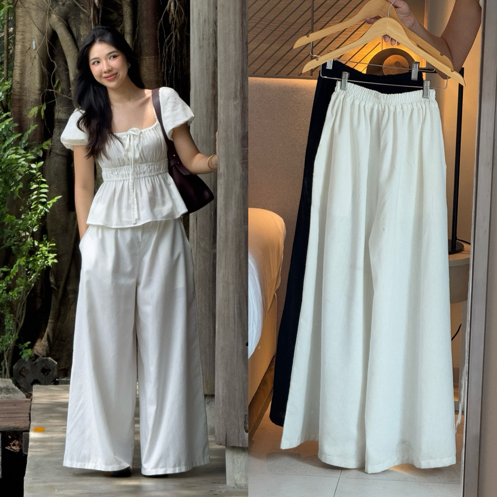 กางเกงขายาวเอวสม้อคผ้าคอตต้อนลินิน | Cotton bloom long pants |
