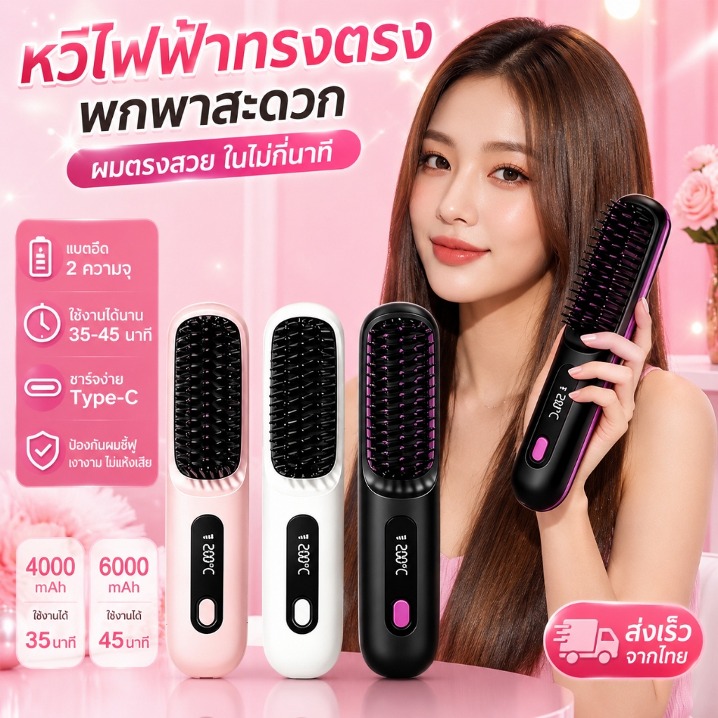 หวีตรงไฟฟ้าเซรามิก MINI ไร้สาย – แบตเตอรี่สองตัวเลือก 4000mAh & 6000mAh 3D ป้องกันความร้อน 99M ลบไอออน 20 วิร้อนเร็ว ใช้