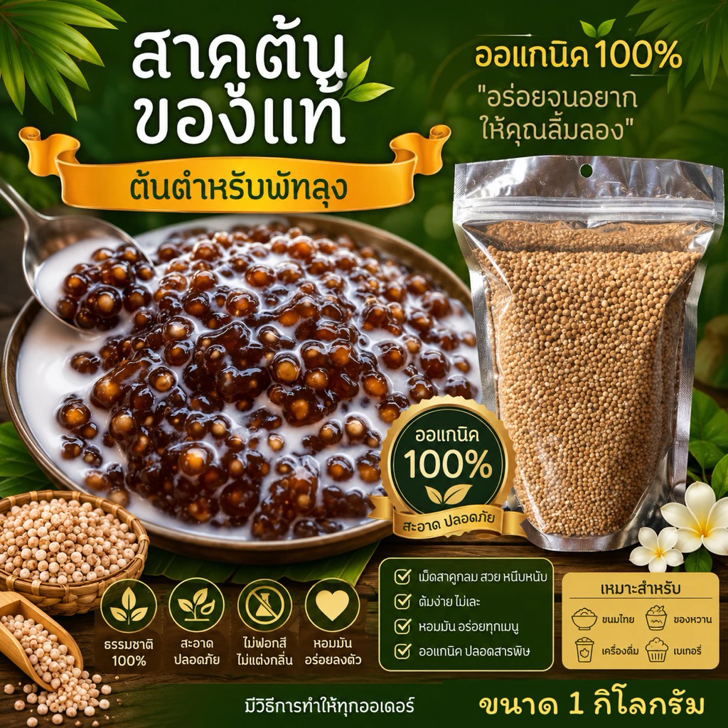 สาคูต้น สาคูต้นแท้พัทลุง สาคูออแกนิก ขนาด 500 กรัม และ 1 กิโลกรัม