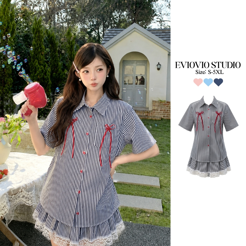 【EVIOVIO】❗เติมสต็อกแล้ว พร้อมส่ง❗S-5XL ชุดเซ็ตเชิ้ตแฟชั่น 2 ชิ้น เสื้อเชิ้ตแขนสั้น + กระโปรงสั้น สาวพลัสไซส์ สาวอวบ✨