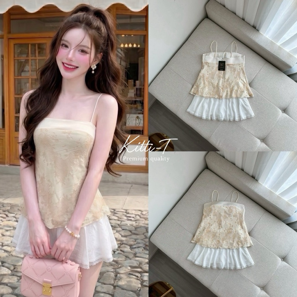 KITTI-T SET (2) ชิ้น เสื้อสายเดี่ยวลายลูกไม้ เป็นเสื้อสายเดี่ยวเส้นเล็ก ทรงเข้ารูปช่วงอกและเอว