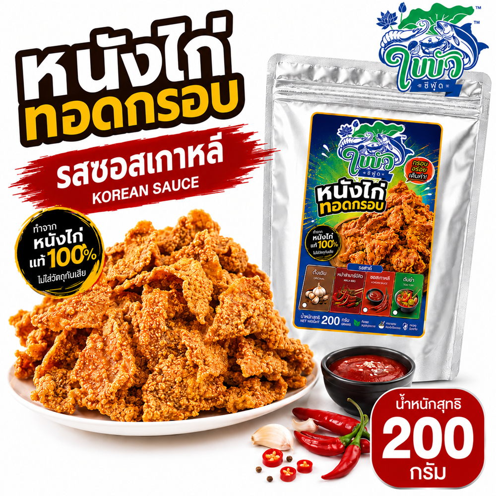 หนังไก่ทอดกรอบ ใบบัว ซีฟู้ด รสซอสเกาหลี 200 กรัม หนังไก่กรอบ ขนมทานเล่น ถุงซิปล็อก พร้อมทาน