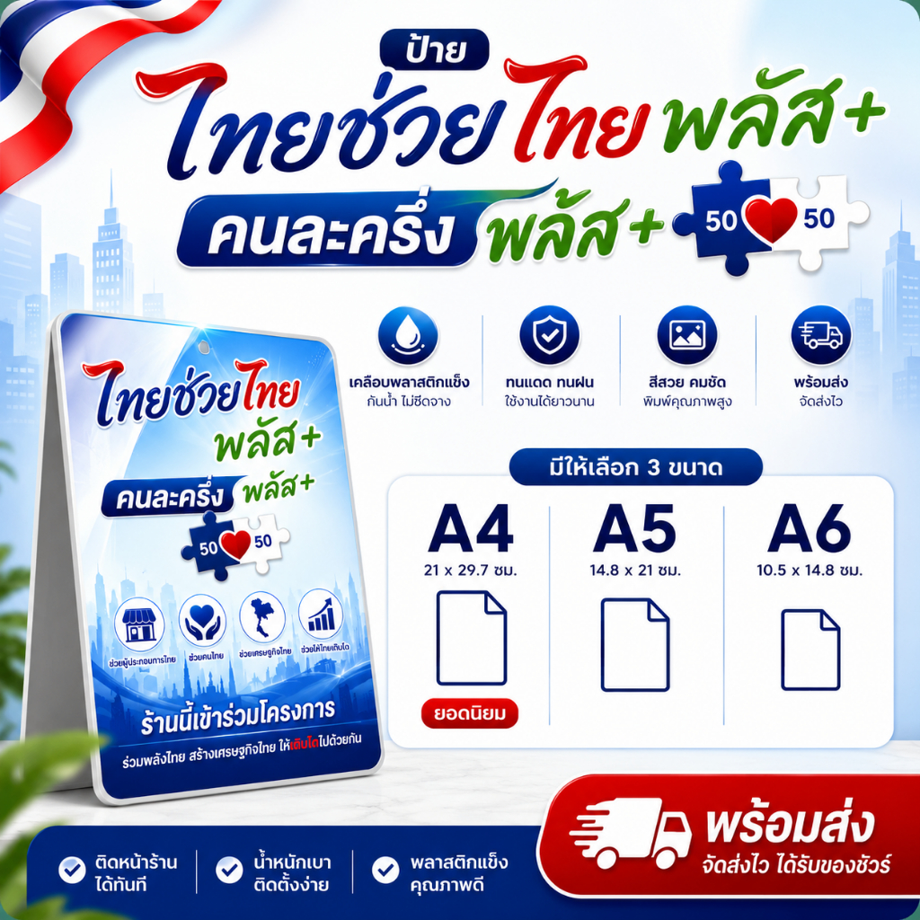ป้ายเข้าร่วมโครงการ ไทยช่วยไทย พลัส + คนละครึ่งพลัส ป้ายร้านค้าเคลือบแข็ง กันน้ำ สีสด คมชัด พร้อมส่ง มีหลายขนาด A4 A5 A6