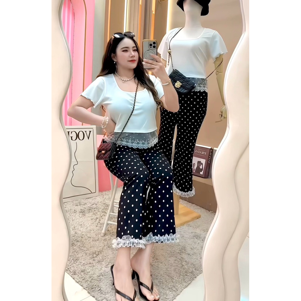 เสื้อแต่งลูกไม้เอว อก32-46“ กางเกงจุดปลายลูกไม้เอว28-40” สะโพก44“(มีขายแยกและยกเซตค่ะ)