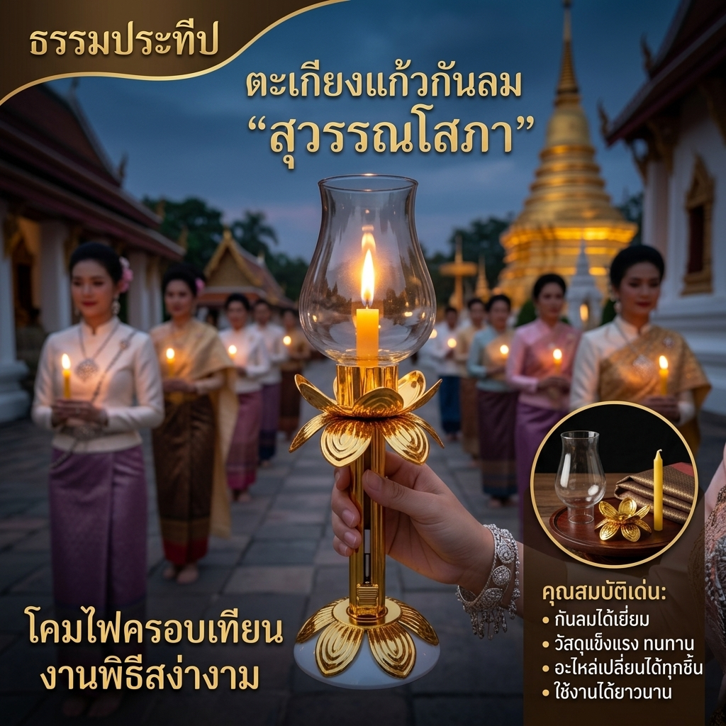 โคมเวียนเทียนแก้ว | สำหรับถือในพิธีกรรมทางศาสนา 1 ชิ้น | ที่จุดเทียน ที่ดับเทียน | ใช้งานง่าย สวยทน