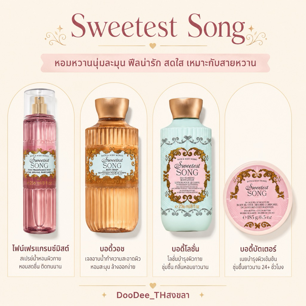 Bath & Body Works Sweetest Song แท้ 100% สเปรย์น้ำหอม โลชั่น ครีมอาบน้ำ บอดี้บัตเตอร์ กลิ่นหวานละมุน น่ารัก สดใส