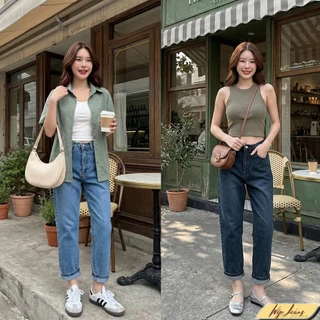 กางเกงยีนส์ผู้หญิงเอวสูงทรงมัมบอลลูนผ้าไม่ยืดมีสองสีให้เลือกมีถึงไซส์5XLกางเกงยีนส์เอวสูงทรงบอลลูนยีนส์ทรงmom F077