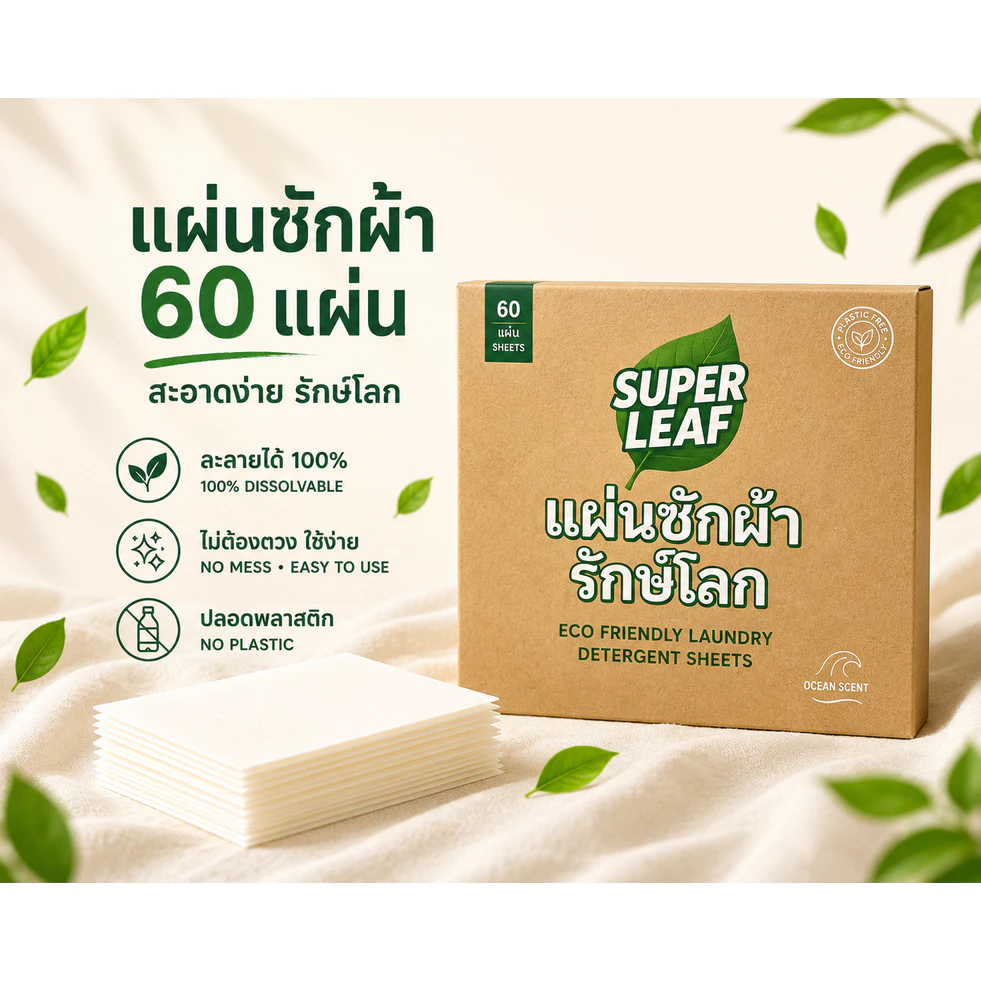 SUPER LEAF – แผ่นซักผ้า 60 แผ่น (ซักได้สูงสุด 120 ครั้ง) – สูตรย่อยสลายได้ ประหยัดพื้นที่ แผ่นซักผ้า eco-friendly