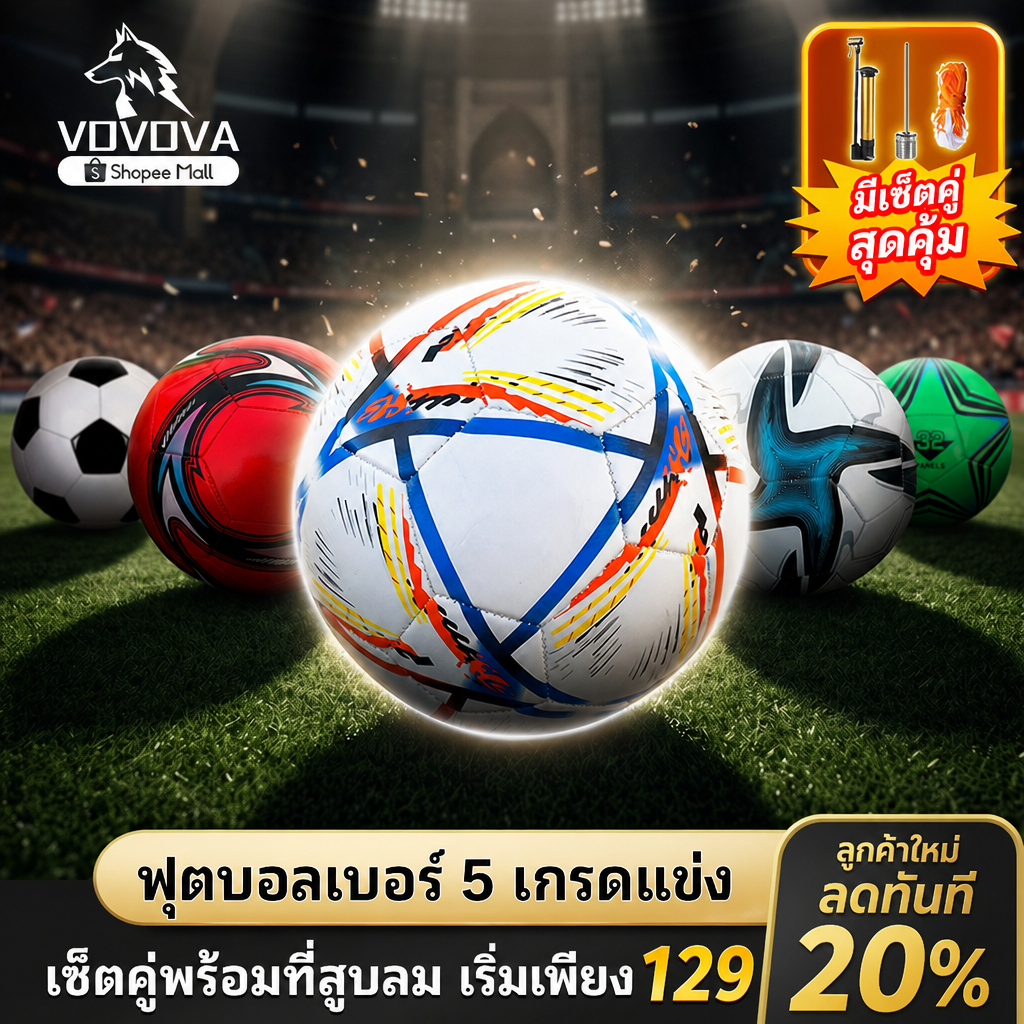 VOVOVA [ส่งไว] ลูกฟุตบอลเบอร์ 5 หนัง PU กันน้ำ ลายยูฟ่า UCL มีตัวเลือก+ที่สูบลมพกพา ลูกบอลเตะทน ยืดหยุ่นสูง