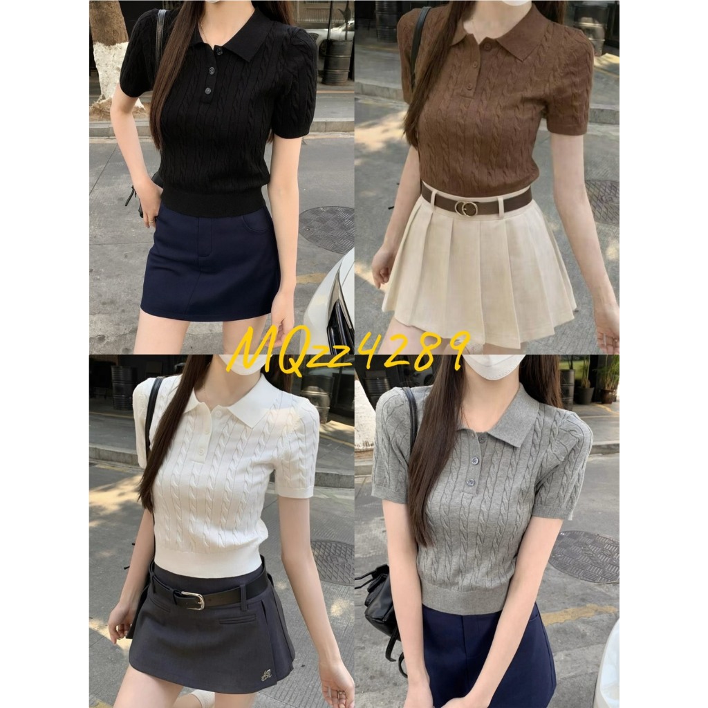 MQzz4289 *พร้อมส่ง* เสื้อไหมพรมแขนสั้นคอปก ถักลายเคเบิ้ล ทรงสวย ใส่สบาย Freesize