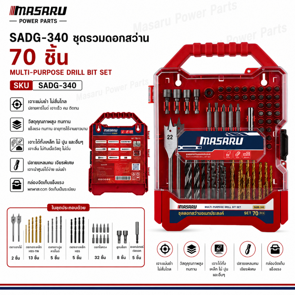 ชุดดอกสว่าน ดอกสว่าน 70 ชิ้น MASARU รุ่น SADG-340 เจาะเหล็ก ไม้ ปูน ดอกไขควง คม แข็งแรง เจาะได้เร็ว