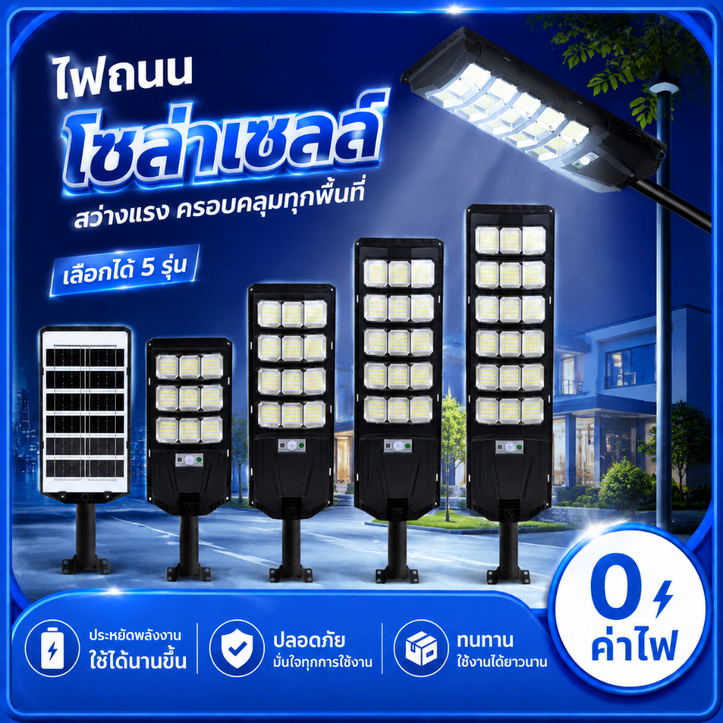 โซล่าเซลล์ ไฟถนน 120000W  ไฟโซล่าเซลล์ IP67 กันน้ำและกันฟ้าผ่ Solar Light แสงสีขาว ระบบเซนเซอร์