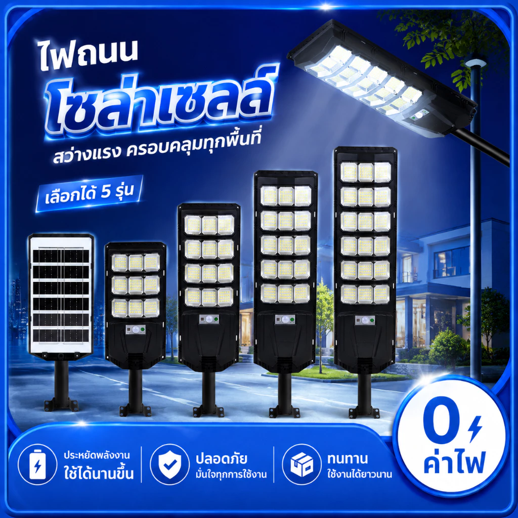 โซล่าเซลล์ ไฟถนน 120000W ไฟโซล่าเซลล์ IP67 กันน้ำและกันฟ้าผ่ Solar Light แสงสีขาว ระบบเซนเซอร์