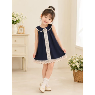 Hania kids พร้อมส่ง ชุดเดรสสีกรมตกแต่งลายลูกไม้ ผ้าฝ้าย ชุดเดรสเด็กผู้หญิงน่ารัก K4125061