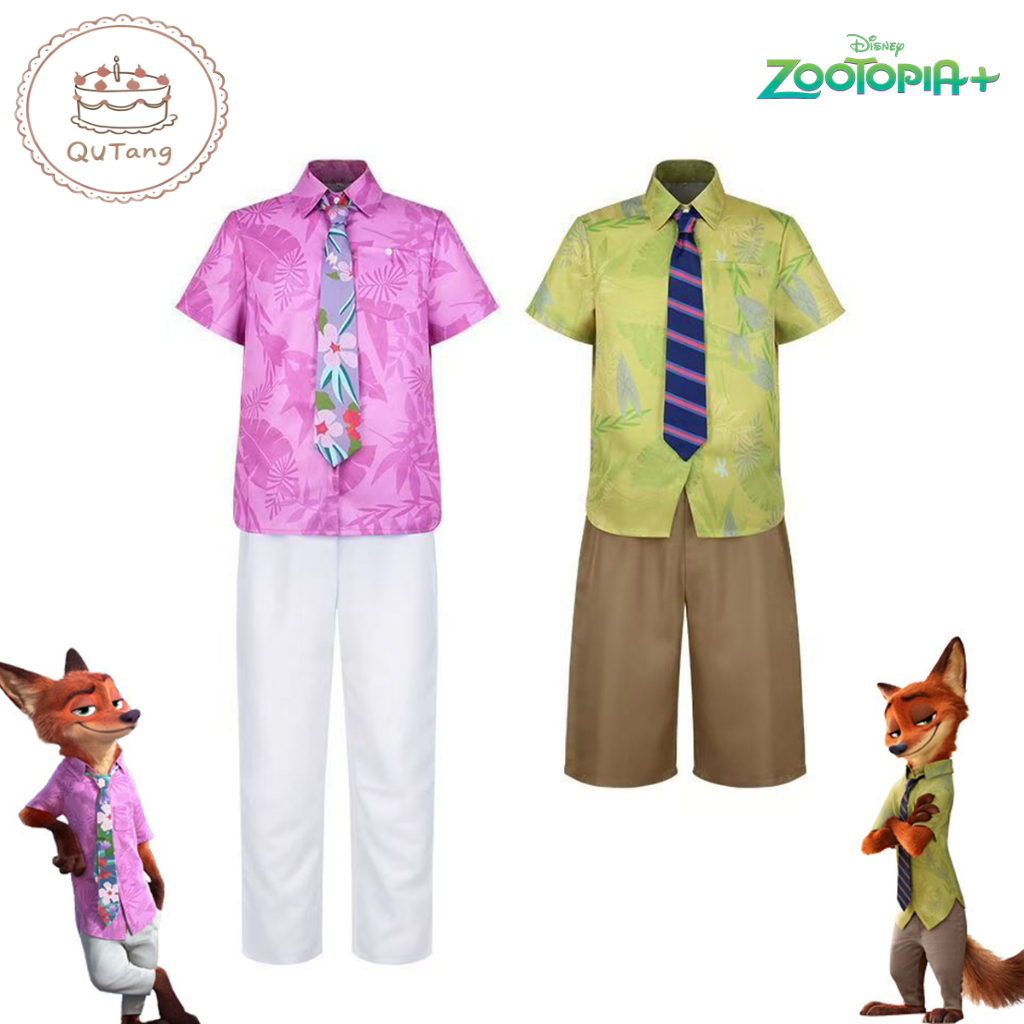 Nick Wildeชุดคอสเพลย์ สำหรับเด็ก Zootopia ฮาวาย เสื้อดอกไม้สีชมพูพร้อมผูกมัด ชุดฮัลโลวีน