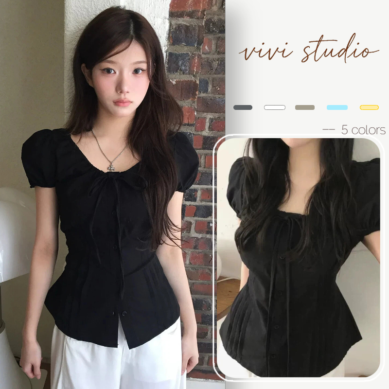 พร้อมส่ง เสื้อเชิ้ตแขนสั้นผู้หญิง คอกลมผูกโบว์ มีสายรัดเอว ผ้าไม่ย้วย สไตล์เกาหลี หวานอ่อนโยน