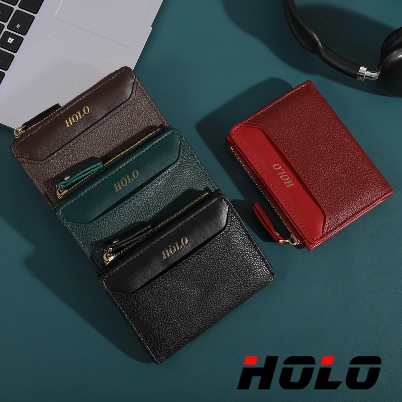 HOLO กระเป๋าเงินผู้หญิงผู้ชาย หนังเทียม เก๋ไก๋ สไตล์มินิมอล สีพื้น หลายช่อง มีซิป ป้องกันสัญญาณ RFID
