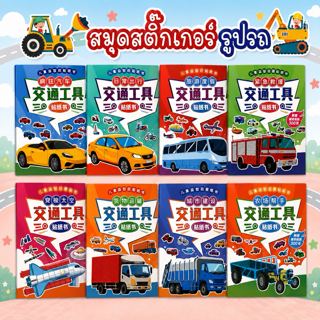 สมุดสติ๊กเกอร์รูปรถ เล่มใหญ่ สีสันสดใส รวมรถทุกชนิดถูกใจเด็กๆ ช่วยฝึกสมาธิ เสริมสร้างพัฒนาการ
