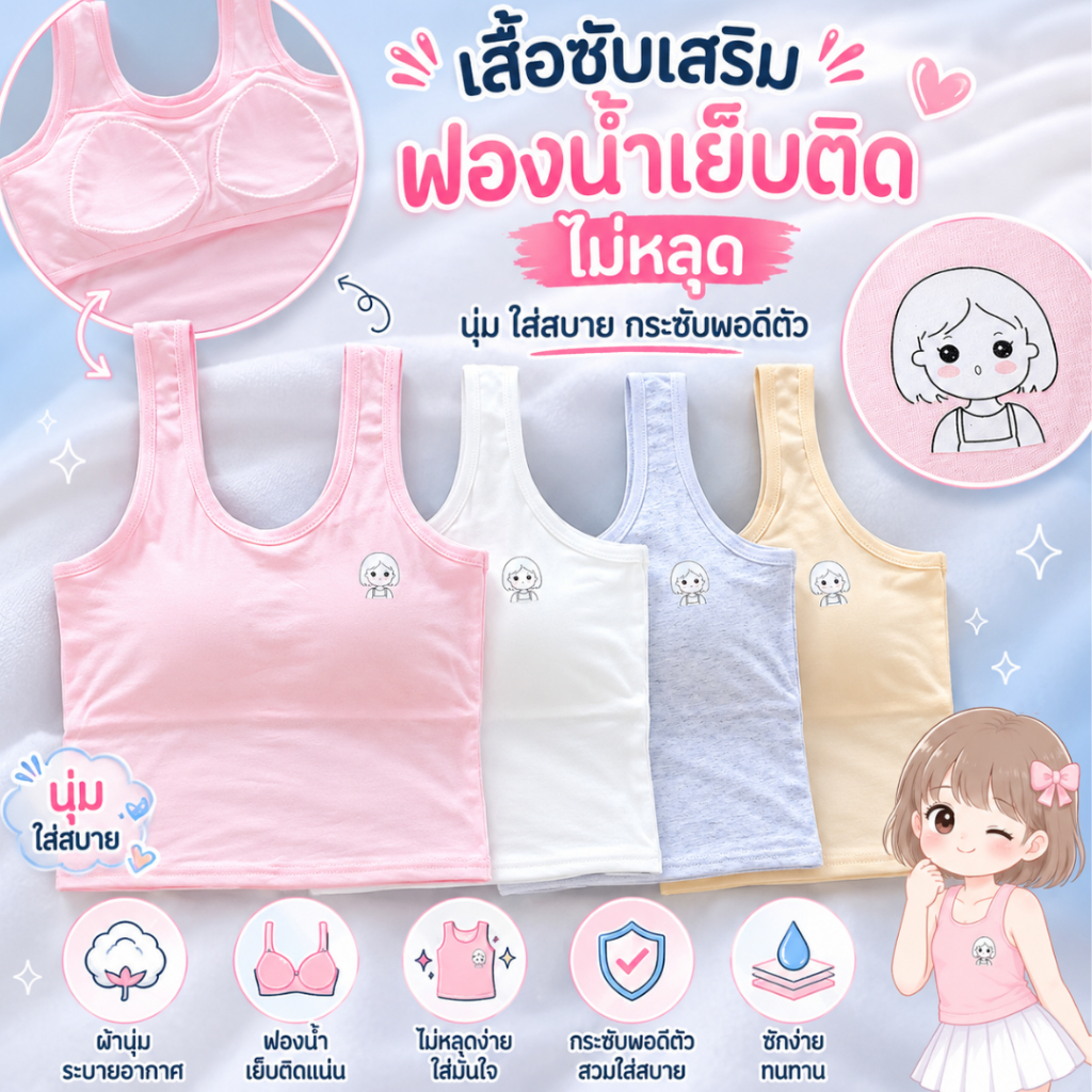 เสื้อซับในฟองน้ำเย็บติดแบบเต็มตัว สำหรับเด็กผู้หญิง ผ้าฝ้ายล้วน ระบายอาการศได้ดี
