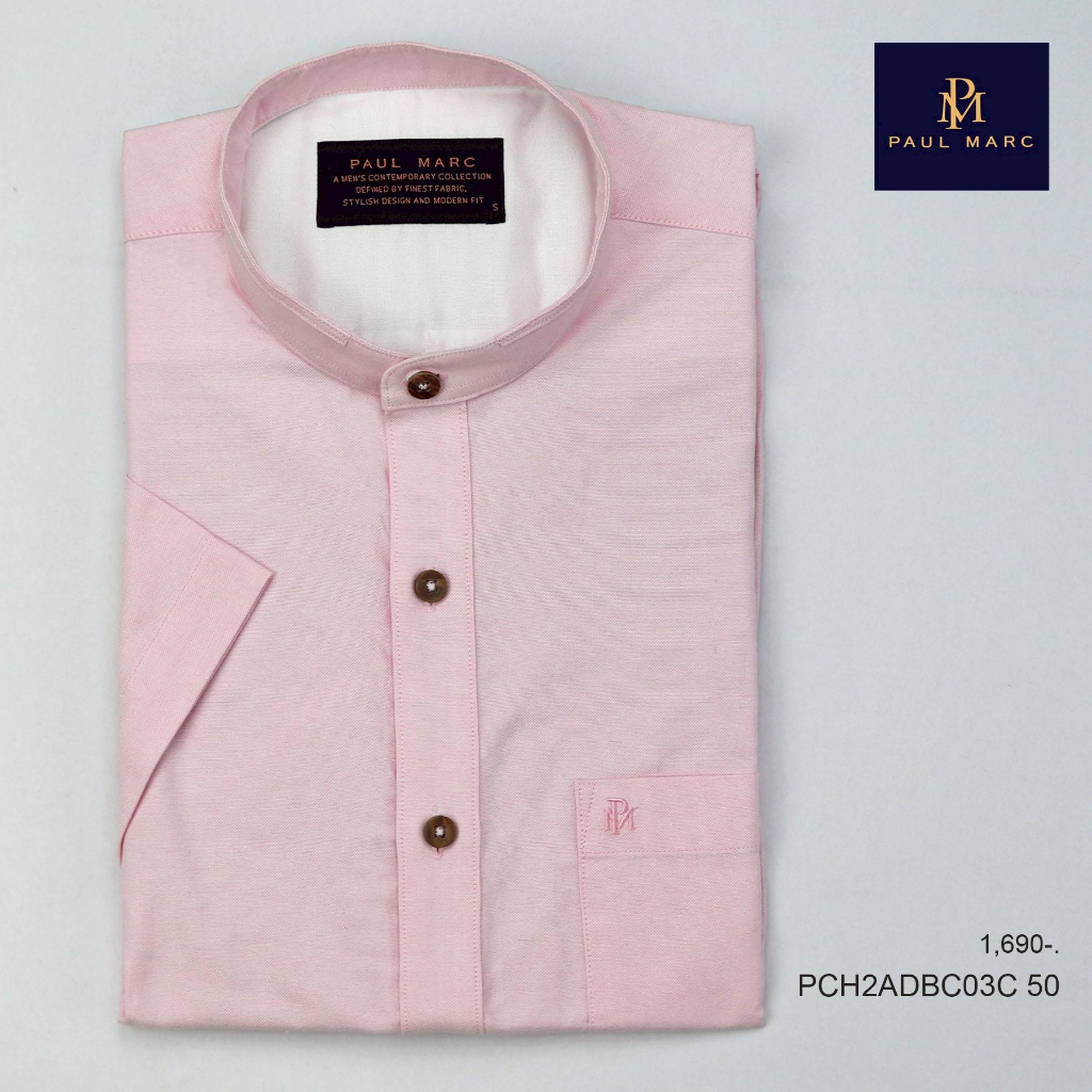 PAUL MARC เสื้อเชิ้ตแขนสั้น คอจีน สีชมพูพาสเทล ผ้า oxford slim fit ผ้านุ่ม รีดง่าย ใส่สบาย PCH2ADBDC