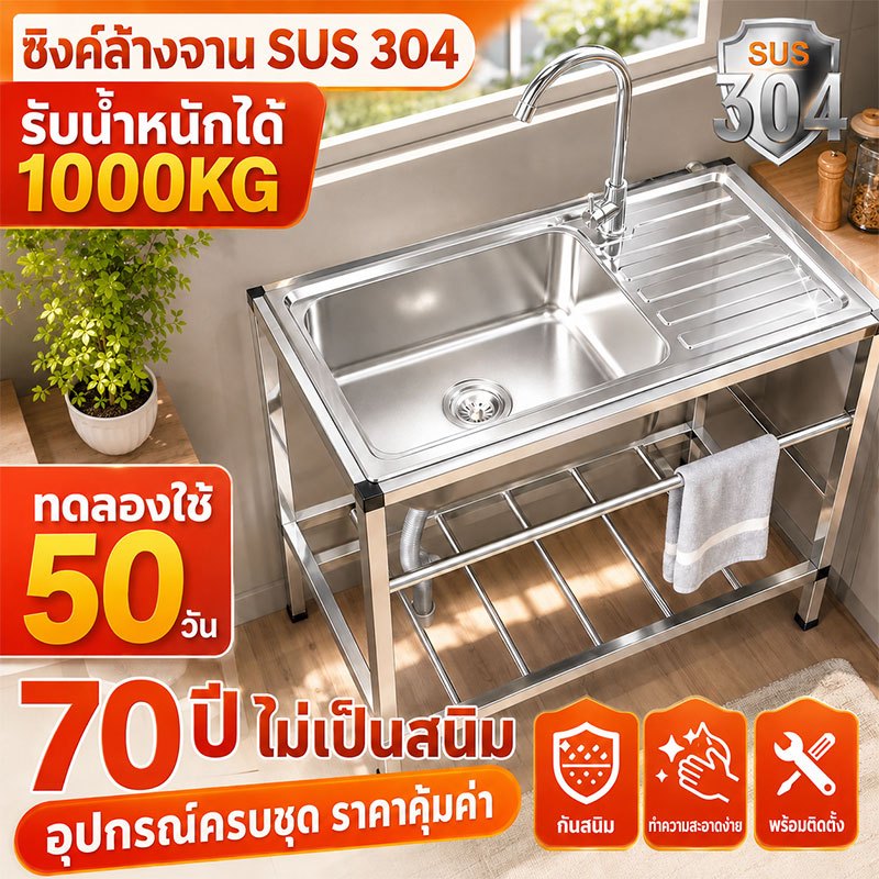 🔥รุ่นที่หนาขึ้น🔥ซิ้งค์ล้างจาน รุ่นอัพเกรด สแตนเลสหนาขึ้น 304 พื้นที่ด้านข้างสำหรับวางจาน หั่นผัก สับกระดูกได้