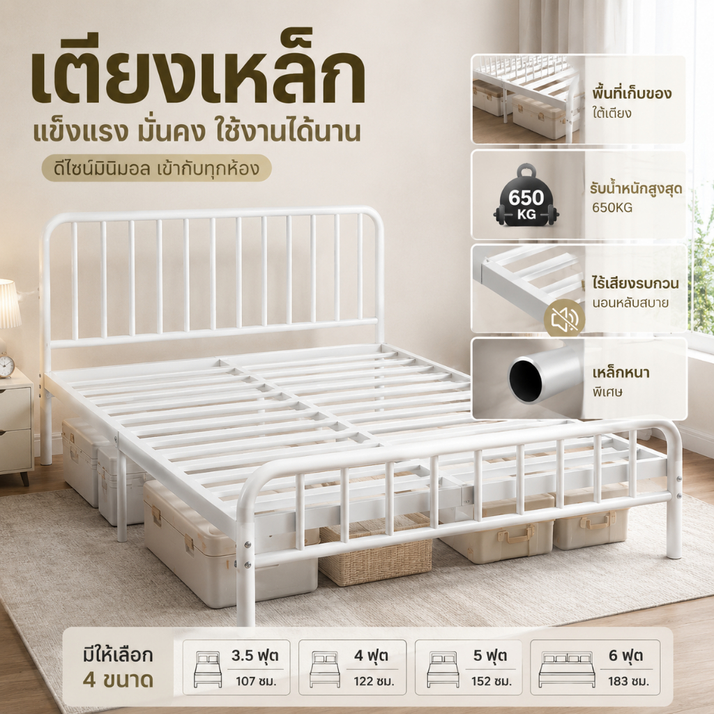 เตียง เตียงเหล็ก 3.5ฟุต 4ฟุต เตียงนอน 5 ฟุต 6ฟุต โครงเหล็กหนา สามารถรับน้ำหนักได้มาก 500KG