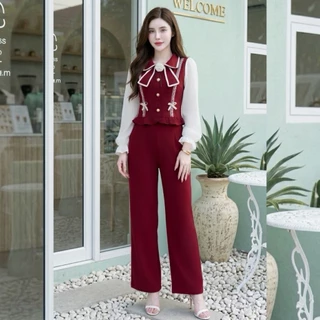 ชุดเซตออกงาน ผ้าวูลเวฟ เรียบหรู เสื้อแขนยาวแต่งซีฟอง คอปกแต่งแทบ กระดุมมุกหน้าแต่งโบว์+ดอก3Dอก+กางเกงเอวเรียบสม็อคหลังมี