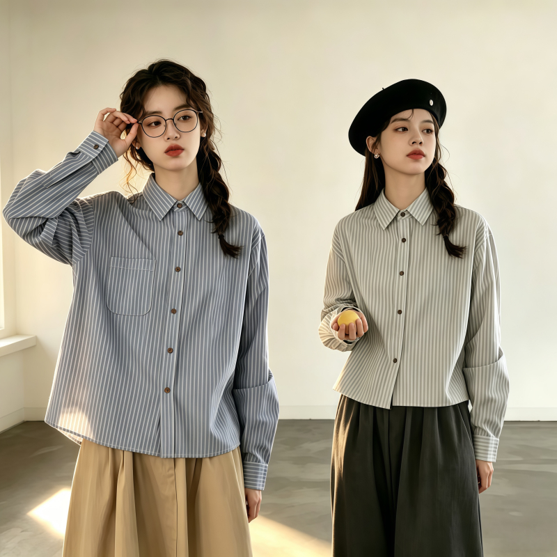 Dode W716#เสื้อเชิ้ตแขนยาวลายทางสไตล์เกาหลี ทรงหลวม สไตล์ใหม่สำหรับฤดูใบไม้ผลิ/ฤดูร้อน 2026