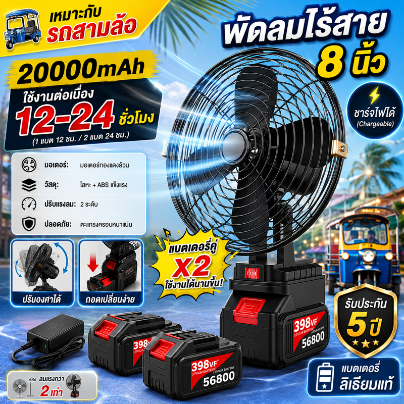 🔥พร้อมส่งจากไทย🔥 พัดลมแบตเตอรี่ไร้สาย 8นิ้ว ปรับได้ 2สปีด พัดลมแบตสว่าน พัดลมพลังสูงแบบพกพา ความจุแบต 21V ใช้งานได้นานขึ