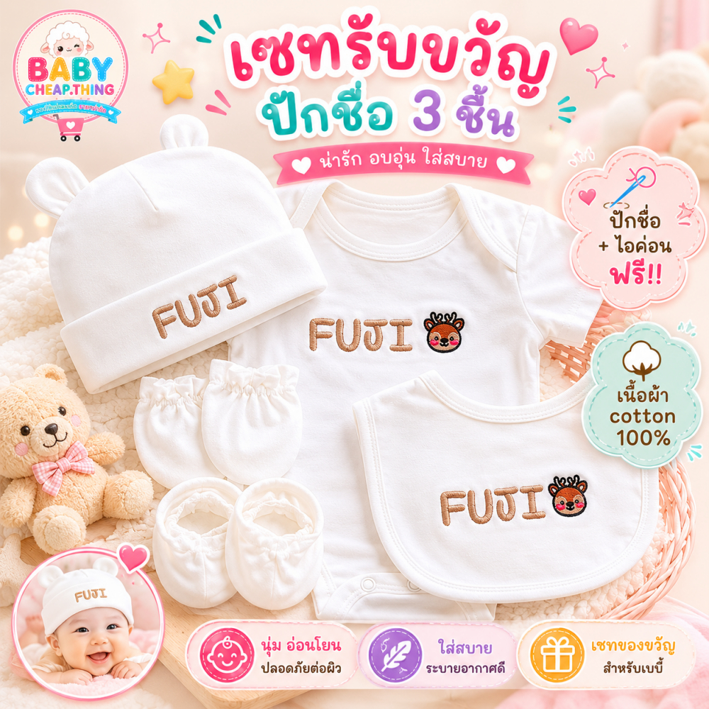 ชุดบอดี้สูทปักชื่อ 3 ชิ้น บอดี้สูท/ผ้ากันเปื้อน/หมวก ❌ปักชื่อได้ ไม่รับเก็บปลายทาง❌ (sh2)