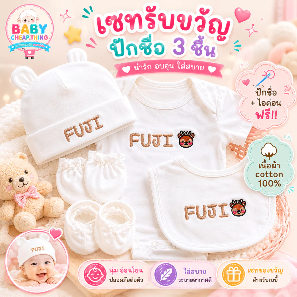 ปักชื่อฟรี !! ชุดบอดี้สูทปักชื่อ 3 ชิ้น บอดี้สูท/ผ้ากันเปื้อน/หมวก ❌ปักชื่อได้ ไม่รับเก็บปลายทาง❌ (sh2)