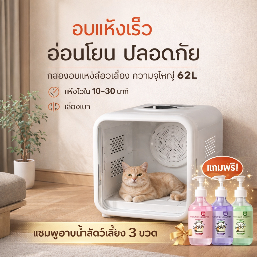 พร้อมส่ง ตู้อบแมว 62L ตู้อบขนสัตว์เลี้ยง อบแห้งเร็ว 10-30 นาที ลมหมุนเวียน360° เงียบพิเศษ ปลอดภัย สำหรับแมวและสุนัข