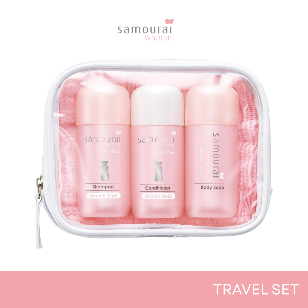 SAMOURAI WOMAN WHITE ROSE TRAVEL SET ซามูไร วูแมน กลิ่นไวท์ โรส เซ็ตแชมพู คอนดิชันเนอร์ สบู่เหลว ผ้าตีฟอง ขนาดพกพา 40 ml