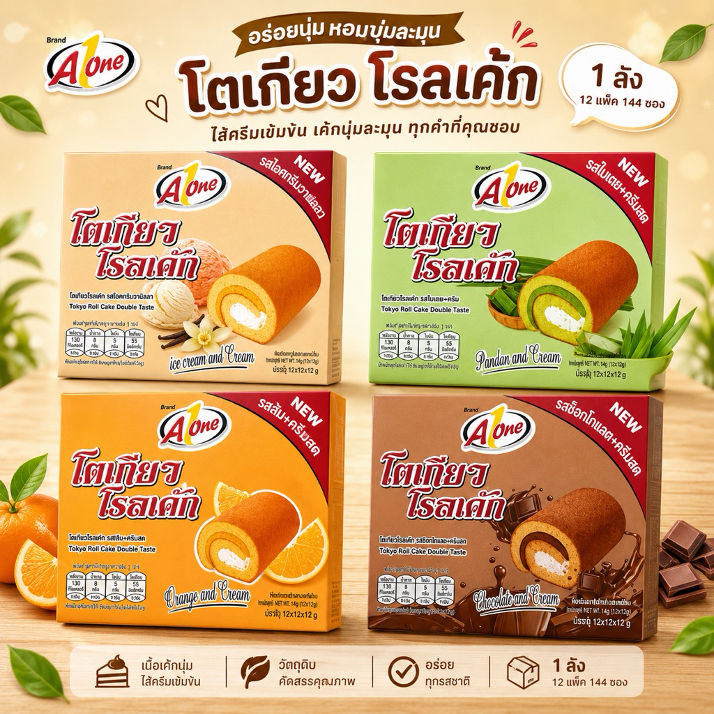 A1One เอวัน โตเกียวโรลเค้ก ส้ม/ใบเตย/ไอศกรีม/ช็อคโกแลต (ยกลัง 12 แพค 144 ซอง)