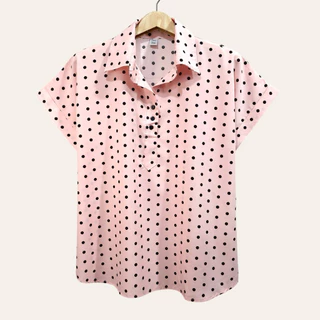 (อก 44”) เสื้อคอปก เเขนสั้น ลายจุด ผ้าไหมอิตาลี ไม่ต้องรีด