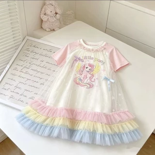 MC304 เดรสเด็กผู้หญิงลายโพนี่น่ารัก ผ้าตาข่ายแต่งโบว์ สีพาสเทลสดใส สวมใส่สบาย เหมาะกับเด็ก