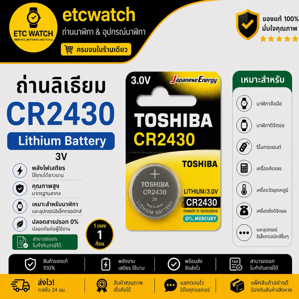 พร้อมส่ง> ถ่านกระดุม Toshiba CR2430 1 ก้อน