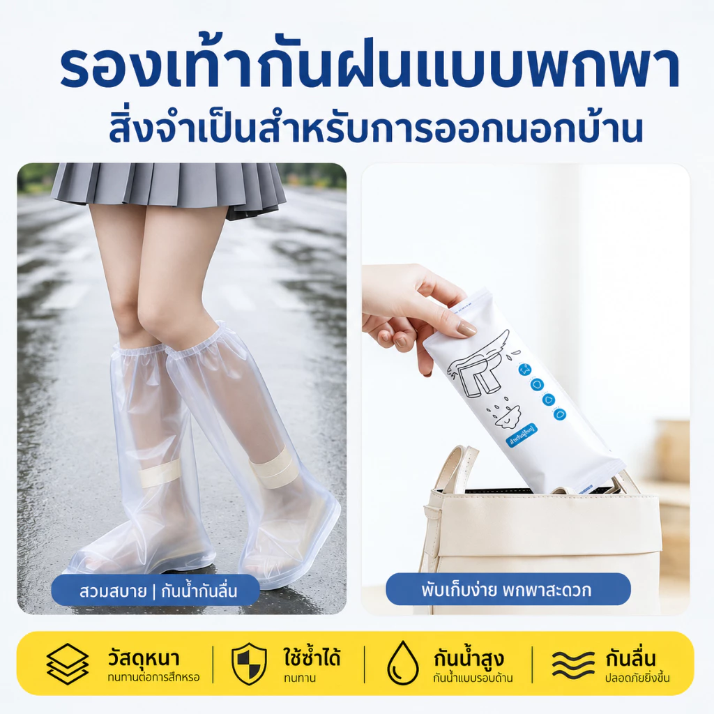 ถุงคลุมรองเท้ากันน้ำแบบใช้แล้วทิ้งและรองเท้าบูทกันฝนสำหรับผู้ใหญ่และเด็ก ชุดละ 5 คู่ พกพาสะดวก