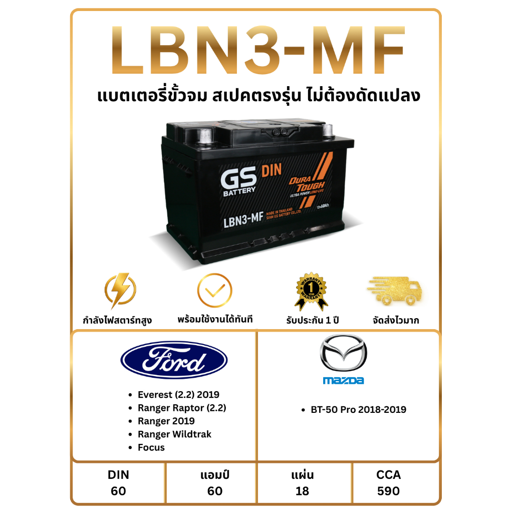 แบตเตอรี่ GS LBN3-MF 12V 60 แอมป์ พร้อมใช้งานทันที ไม่ต้องเติมน้ำกลั่น (แถมฟรี กันขี้เกลือ 1 ชุด)