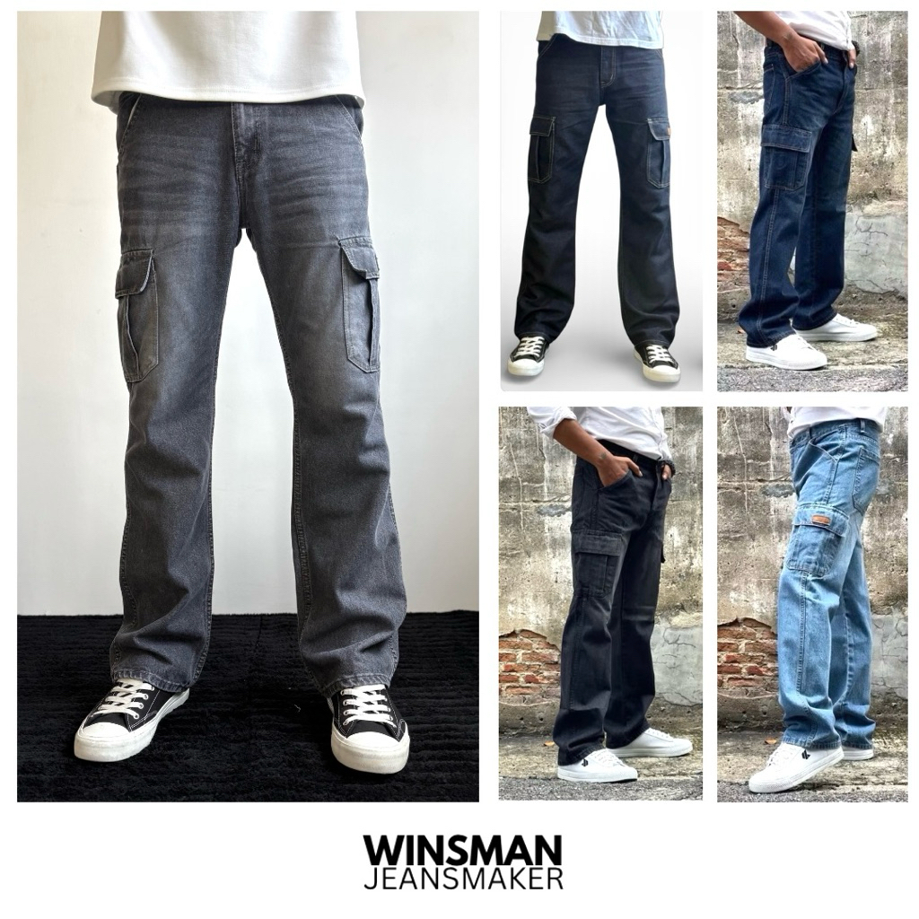 WINSMAN กางเกงยีนส์ชายทรงกระบอกกลางคาร์โก้ ใส่สบาย มีกระเป๋าข้างตีนตุ๊กแก