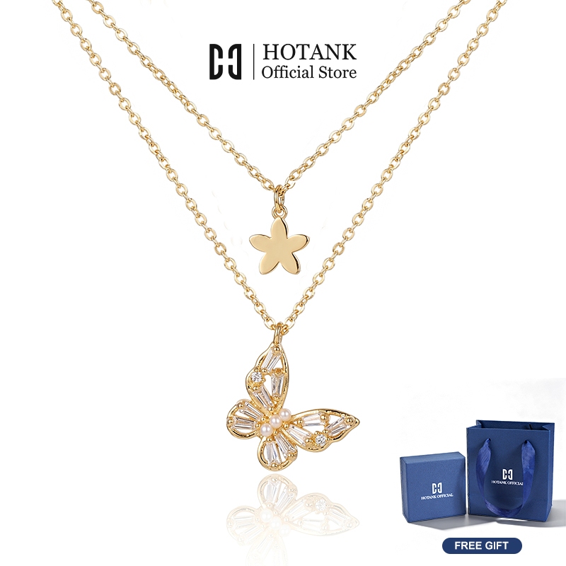 HOTANK สร้อยคอสองชั้น จี้ผีเสื้อประดับคริสตัลและไข่มุก จี้ดอกไม้ สีทอง เครื่องประดับแฟชั่นผู้หญิง สไตล์หวานละมุน
