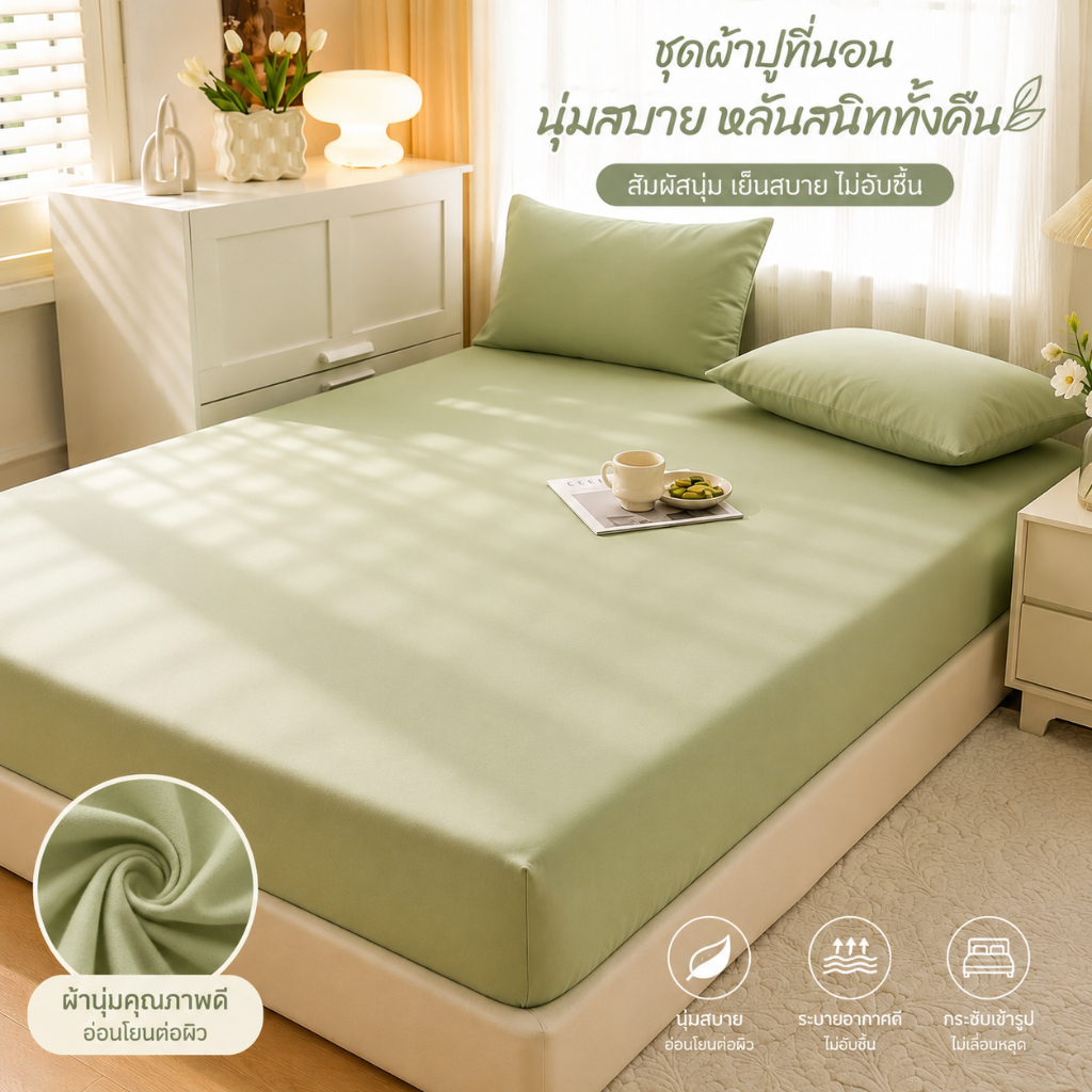ผ้าปูที่นอน ชุดผ้าปูที่นอน ผ้าปูที่นอนรัดมุม+ปลอกหมอน2 ใบ ชุด 3 ชิ้น ผ้านุ่ม ไม่ระคายเคือง ยางยืดรอบ 360°ใส่ได้ทุกที่นอน