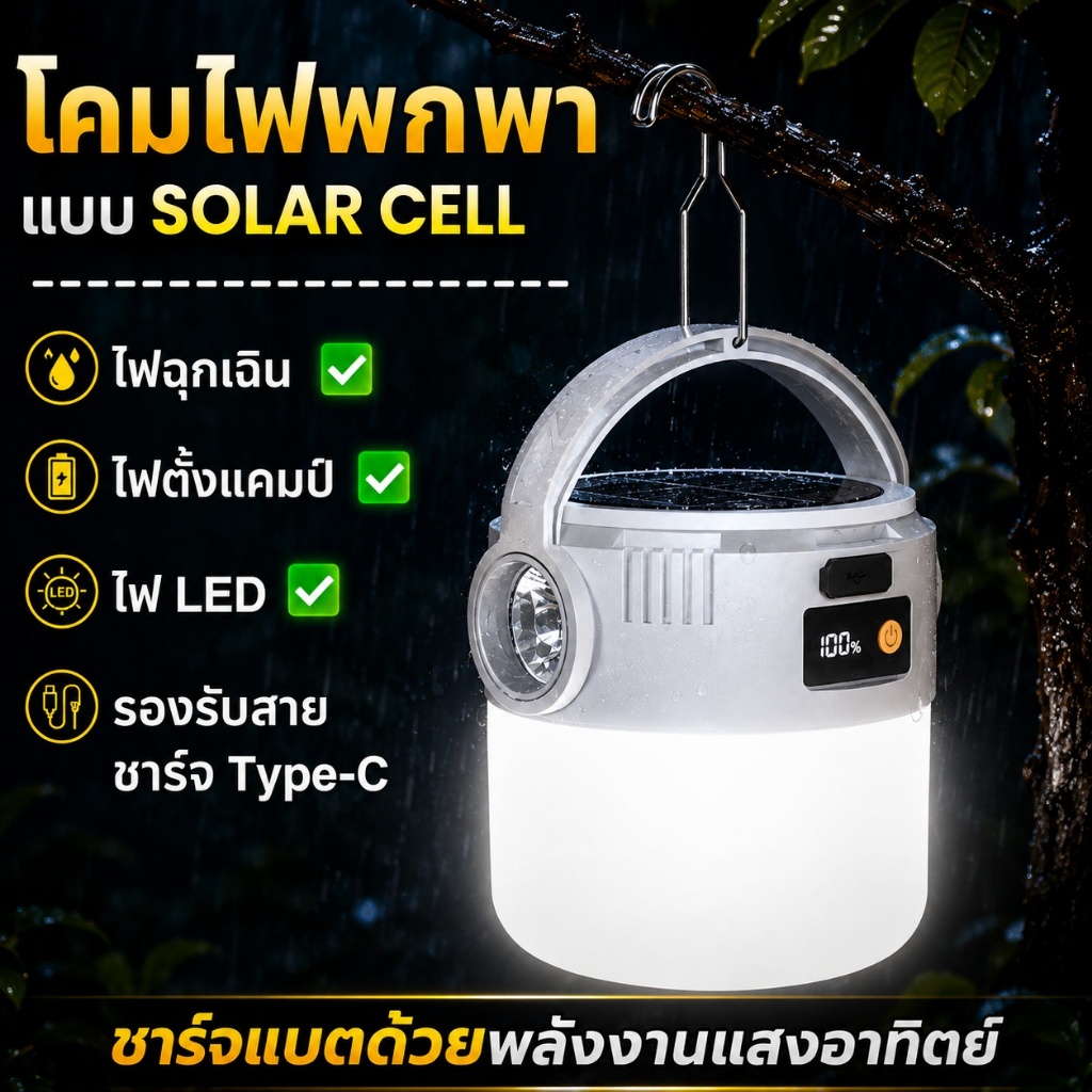 พลังงานแสงอาทิตย์แชท Type-C กันน้ำ ชาร์จได้ โคมไฟ LED แบบพกพา สำหรับการตั้งแคมป์ ปิกนิก บรรยากาศแสง