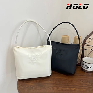 HOLO กระเป๋าถือทรงบัคเก็ตสีแมคารอนแบบเรียบง่าย กระเป๋าสะพายข้างแฟชั่น