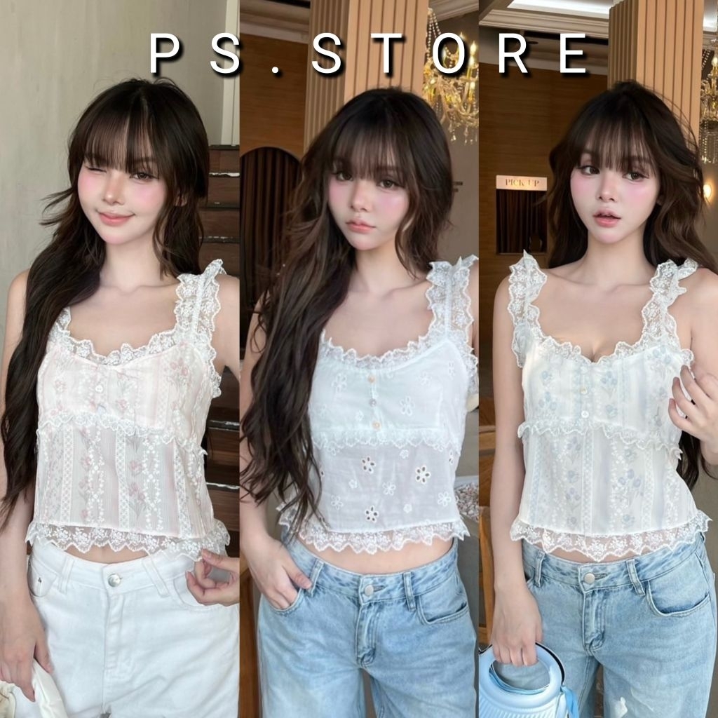 Nougat : เสื้อสายเดี่ยวแต่งระบายลูกไม้ กระดุมหน้า สม็อคครึ่งตัว มีเชือกปรับผูกด้านหลัง