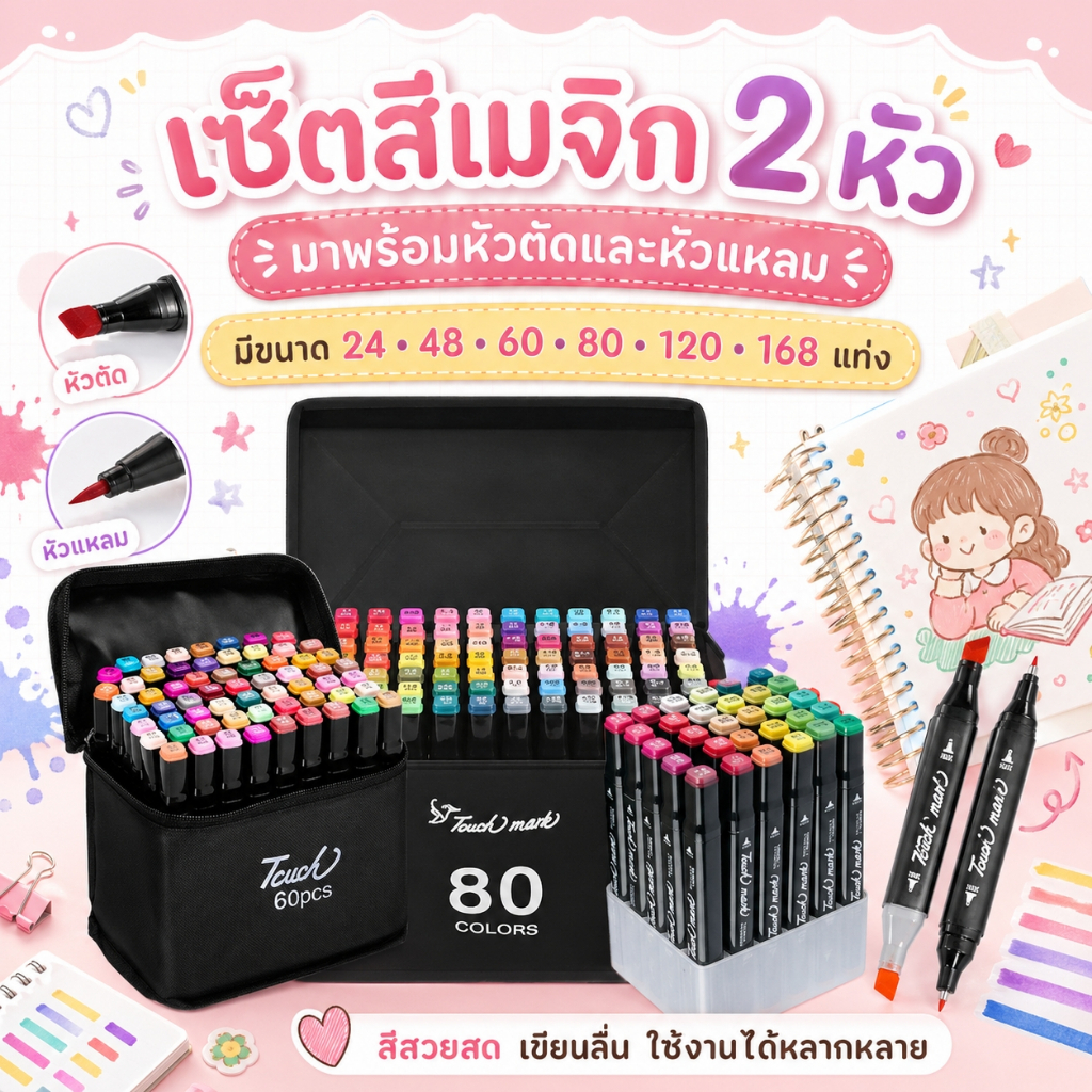 🎨ชุดระบายสี🖍️ ปากกาเน้นข้อความ มาร์กเกอร์ สีสวย หัวคู่ 24/30/36/40/48/60/80 สี