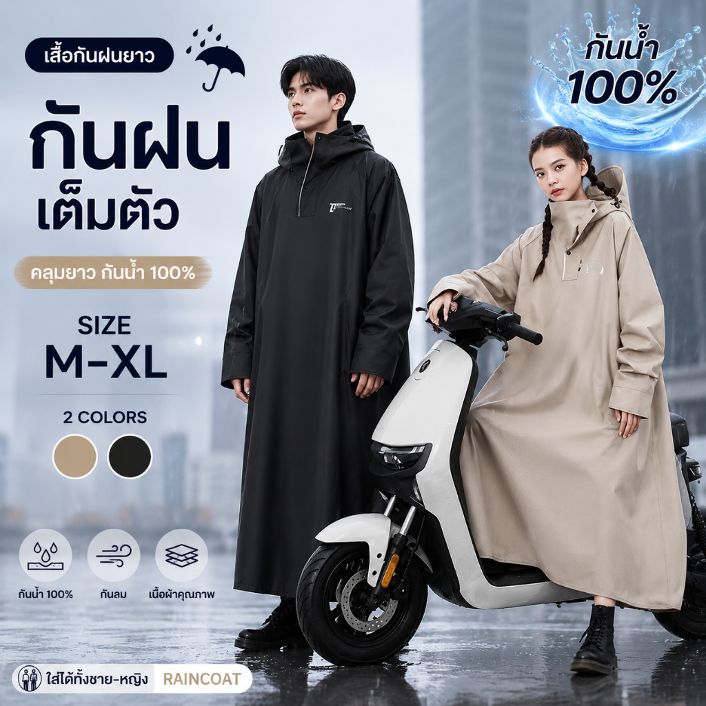 🌧 ทนฝนหนักได้ 🌧 เสื้อกันฝนแบบชิ้นเดียว ชายและหญิงใส่ได้ ดีไซน์ทันสมัย ทรงกว้าง มีหลายสีให้เลือก