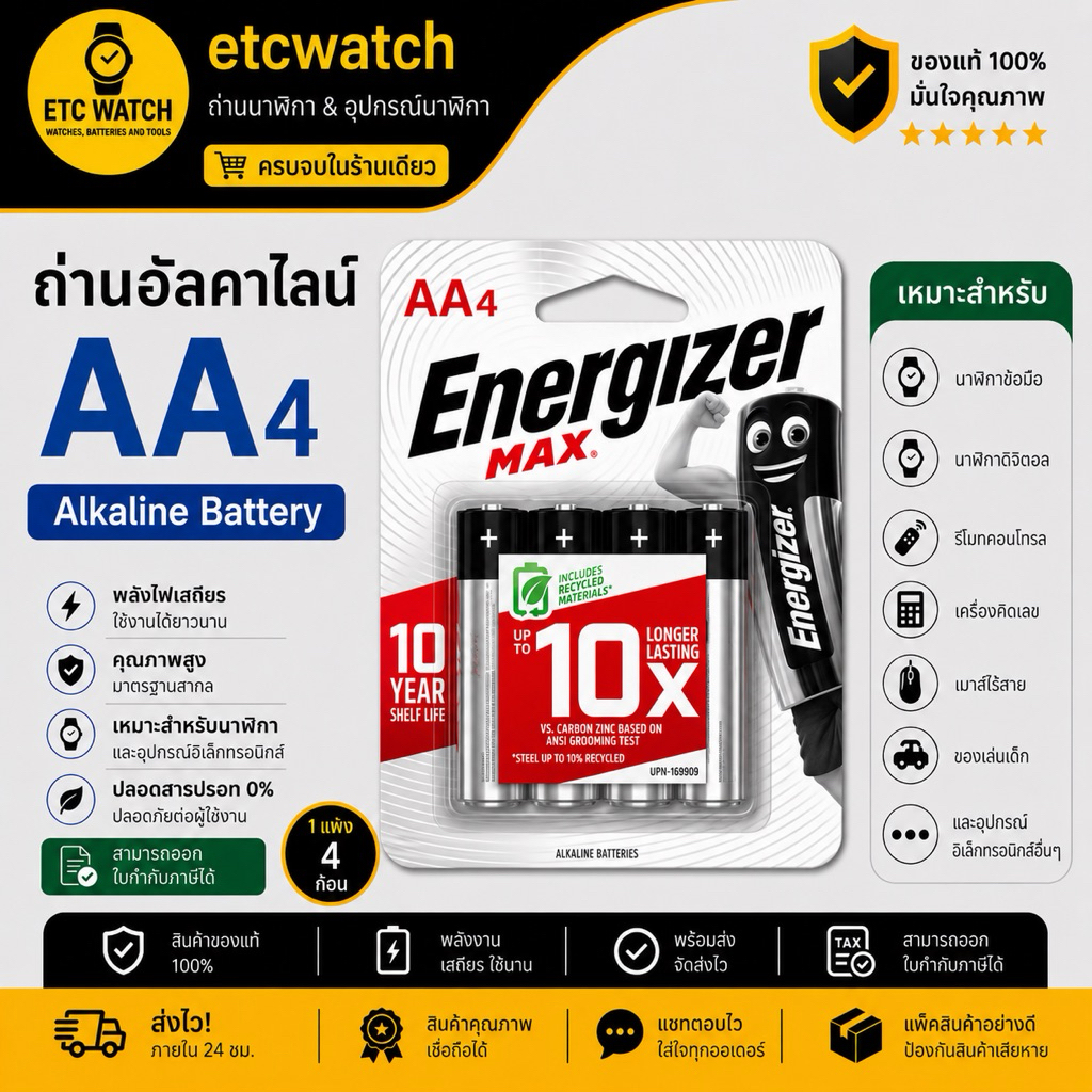 ถ่านอัลคาไลน์ Energizer Max AA / LR6 แพ็ค 4 ก้อน