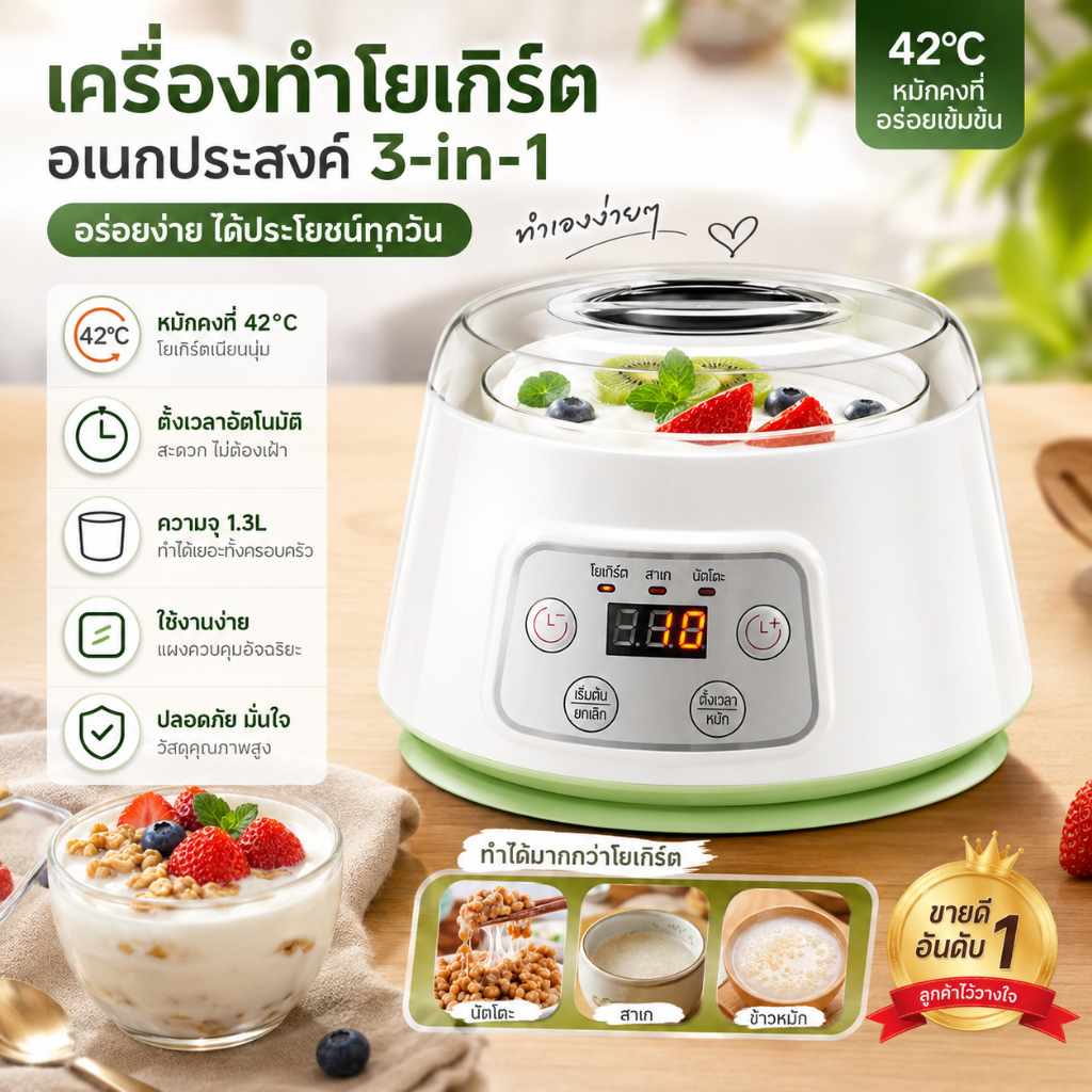 【อเนกประสงค์】เครื่องทำโยเกิร์ต เครื่องทำโยเกิร์ตอัตโนมัติ ทำโยเกิร์ต สาโท นัตโตะ Yogurt Maker 1.3L