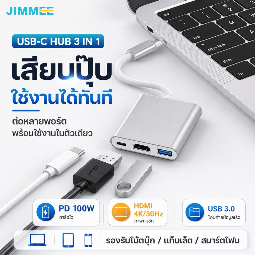 JIMMEE ฮับแปลง Type-C 3-in-1 อะแดปเตอร์ USB-C to HDMI 4K / USB 3.0 / PD 100W สำหรับโน้ตบุ๊ก MacBook iPad มือถือ แท็บเล็ต